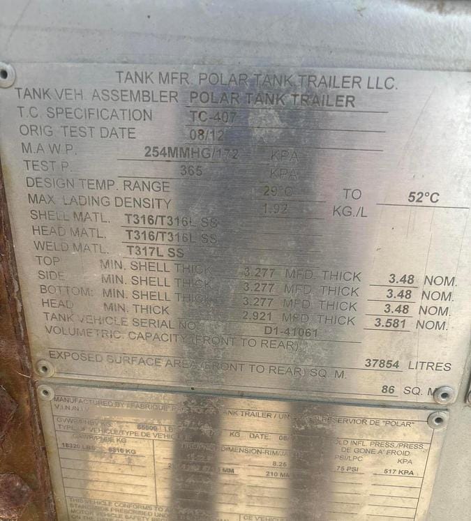 2013 Polar Stainless 407 Tanker Trailer